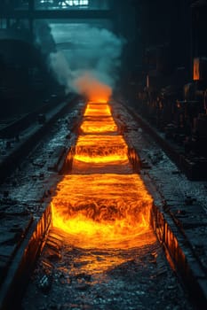Rolled steel at a metallurgical plant. hot steel on the conveyor.