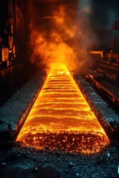 Rolled steel at a metallurgical plant. hot steel on the conveyor.