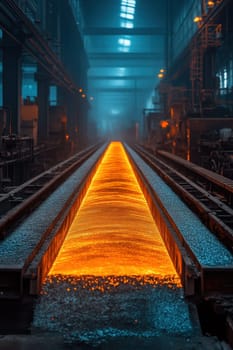 Rolled steel at a metallurgical plant. hot steel on the conveyor.