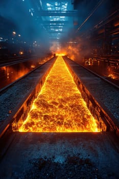 Rolled steel at a metallurgical plant. hot steel on the conveyor.