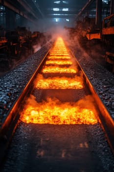 Rolled steel at a metallurgical plant. hot steel on the conveyor.