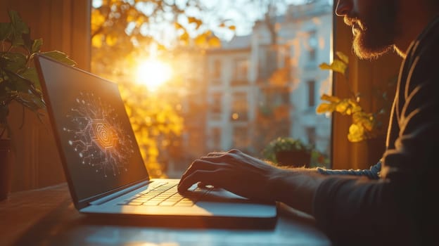 Close-up of a man's hand typing on a keyboard in the background of the sunset outside the window. Writing a letter on a laptop keyboard.