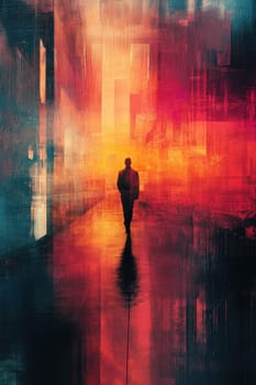 Silhouette of a man walking in the distance on an abstract background. Man on a fantasy background.