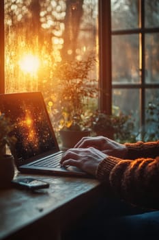 Close-up of a man's hand typing on a keyboard in the background of the sunset outside the window. Writing a letter on a laptop keyboard.