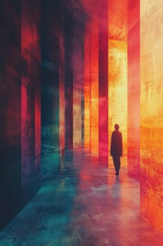 Silhouette of a man walking in the distance on an abstract background. Man on a fantasy background.