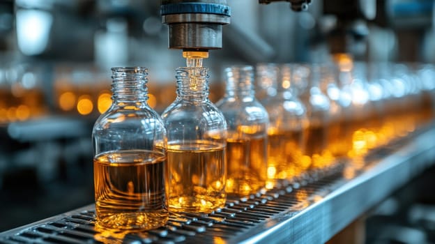Production of glass products at a Glass factory, industrial production of glass containers. A batch of beverage bottles. Technological work at the factory.