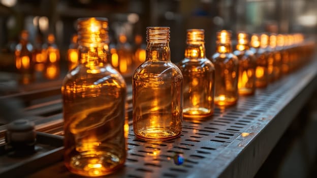 Production of glass products at a Glass factory, industrial production of glass containers. A batch of beverage bottles. Technological work at the factory.