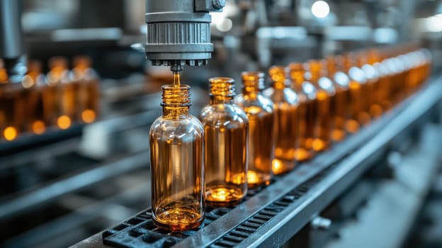Production of glass products at a Glass factory, industrial production of glass containers. A batch of beverage bottles. Technological work at the factory.