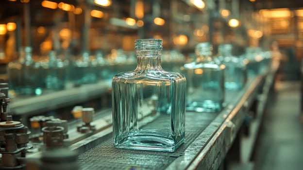 Production of glass products at a Glass factory, industrial production of glass containers. A batch of beverage bottles. Technological work at the factory.