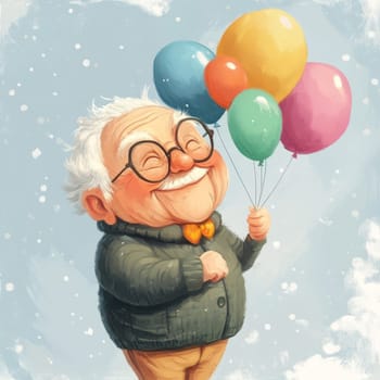 Gray-haired grandfather launches balloons into the sky Birthday Holiday
