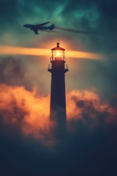 An airplane flying over the lighthouse at sunset. Passenger airplane near the lighthouse.