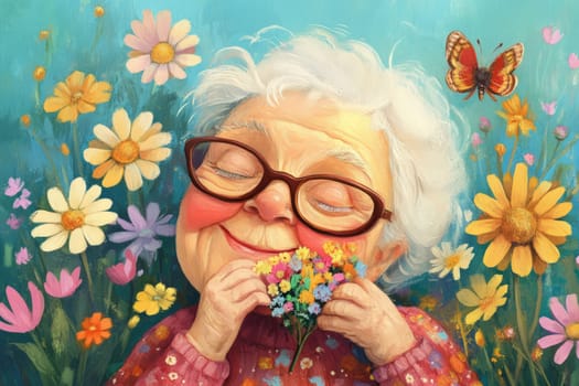 Gray-haired grandmother in a field of flowers Grandmothers' Day Women's day