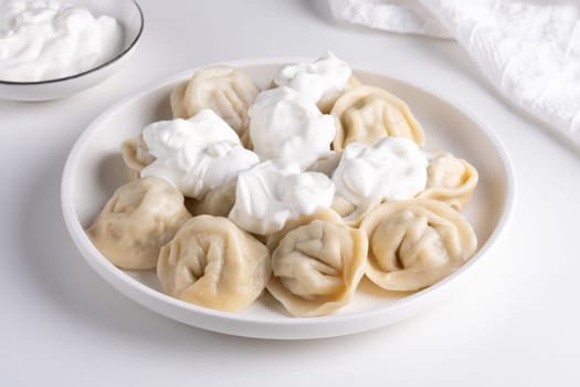 Traditional pelmeni, ravioli, dumplings filled with meat on plate, russian kitchen.