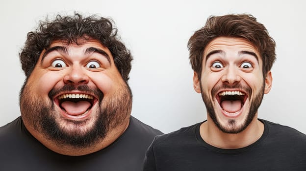 Close-up of funny faces of a fat man and a thin man on a white background.