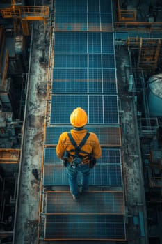 An engineer checks the solar panels on the roof of the building. Eco-technology for using renewable energy sources.