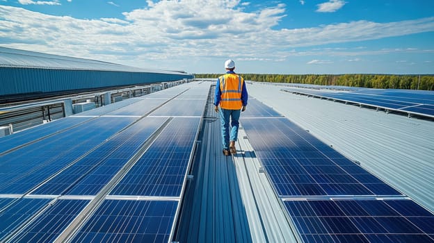 An engineer checks the solar panels on the roof of the building. Eco-technology for using renewable energy sources.