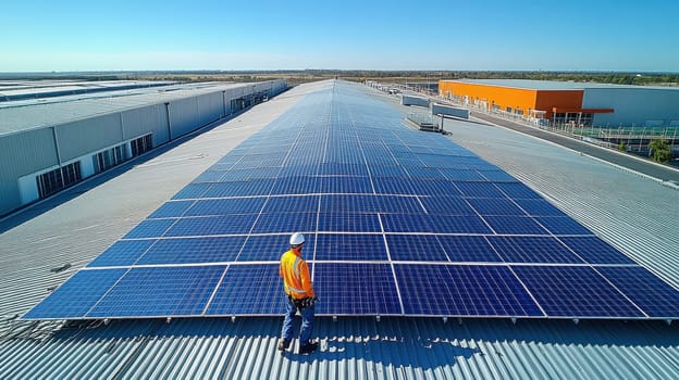 An engineer checks the solar panels on the roof of the building. Eco-technology for using renewable energy sources.