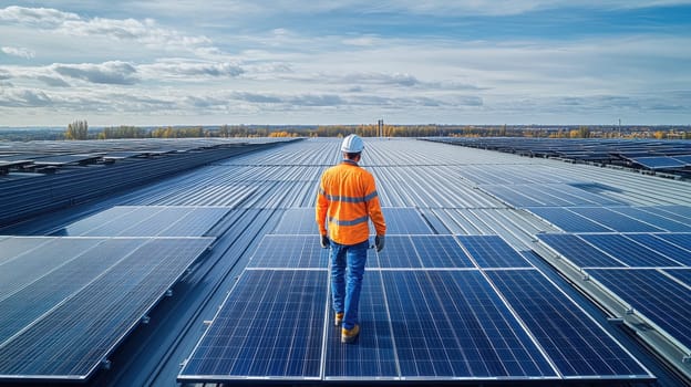 An engineer checks the solar panels on the roof of the building. Eco-technology for using renewable energy sources.