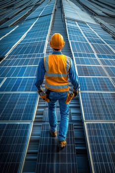 An engineer checks the solar panels on the roof of the building. Eco-technology for using renewable energy sources.