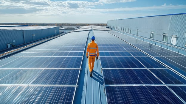 An engineer checks the solar panels on the roof of the building. Eco-technology for using renewable energy sources.