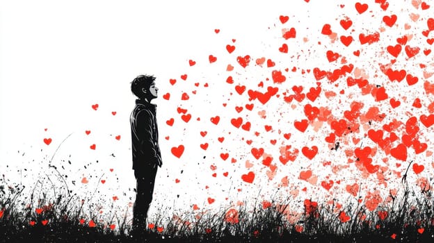 Long-distance love. A young man in love and red hearts flying around him. illustration