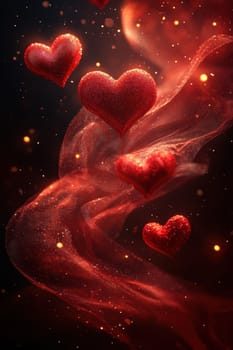 Red hearts and wavy lines on black isolated background . Valentine's Day Background.
