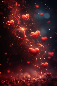Red hearts and wavy lines on black isolated background . Valentine's Day Background.