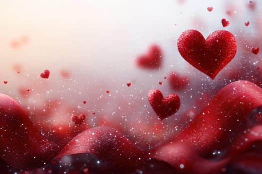 Red hearts and wavy lines on white isolated background . Valentine's Day Background.