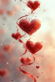 Red hearts and wavy lines on white isolated background . Valentine's Day Background.