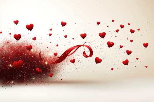 Red hearts and wavy lines on white isolated background . Valentine's Day Background.