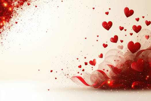 Red hearts and wavy lines on white isolated background . Valentine's Day Background.