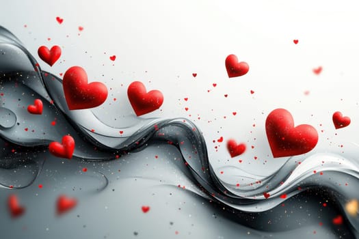 Red hearts and wavy lines on white isolated background . Valentine's Day Background.