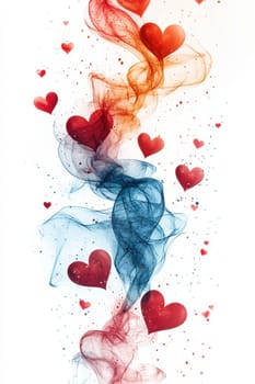 Red hearts and wavy lines on white isolated background . Valentine's Day Background.