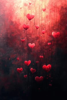 Red hearts and wavy lines on black isolated background . Valentine's Day Background.