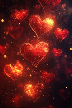 Red hearts and wavy lines on black isolated background . Valentine's Day Background.