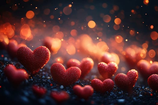 Red hearts on a magical blurred background. Background for Valentine's Day.