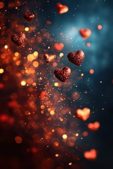 Red hearts and wavy lines on black isolated background . Valentine's Day Background.