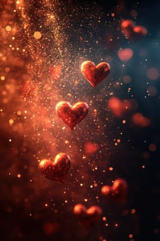 Red hearts and wavy lines on black isolated background . Valentine's Day Background.