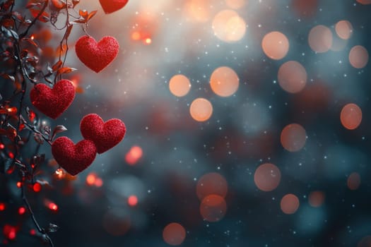 Red hearts on a magical blurred background. Background for Valentine's Day.