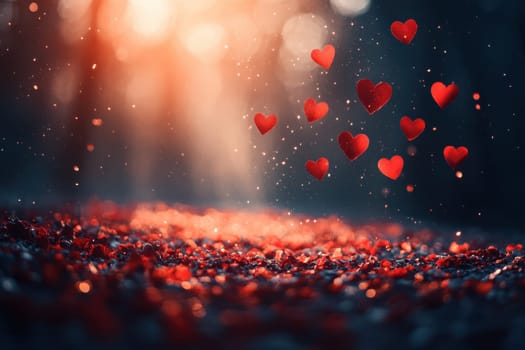 Red hearts on a magical blurred background. Background for Valentine's Day.