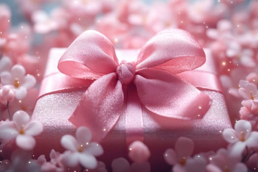 Pink gift box with pink ribbon on the table decorated with flowers. Perfect for Valentine's Day or romantic celebrations.