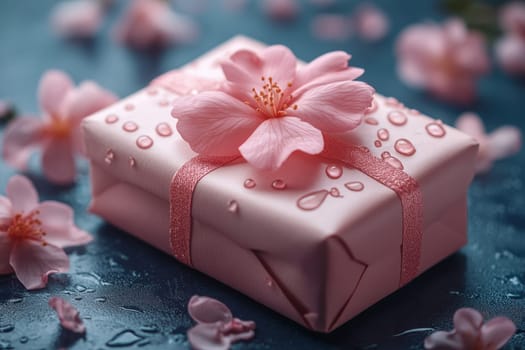Pink gift box with pink ribbon on the table decorated with flowers. Perfect for Valentine's Day or romantic celebrations.