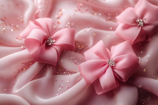 Pink bows on pink background top view. Holiday concept, birthday, March 8 or women's day gift.