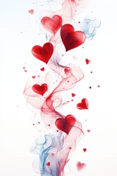 Red hearts and wavy lines on white isolated background . Valentine's Day Background.
