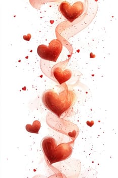 Red hearts and wavy lines on white isolated background . Valentine's Day Background.