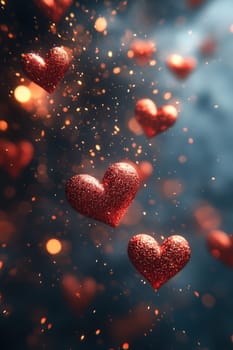 Red hearts on a magical blurred background. Background for Valentine's Day.