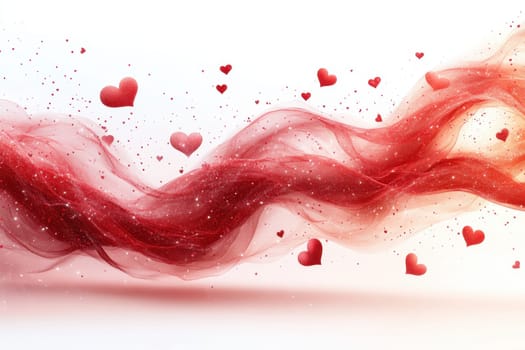 Red hearts and wavy lines on white isolated background . Valentine's Day Background.