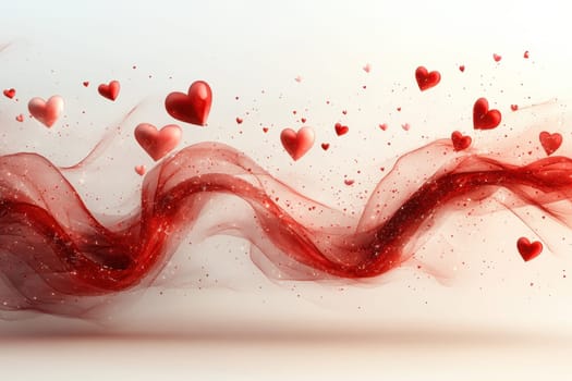 Red hearts and wavy lines on white isolated background . Valentine's Day Background.
