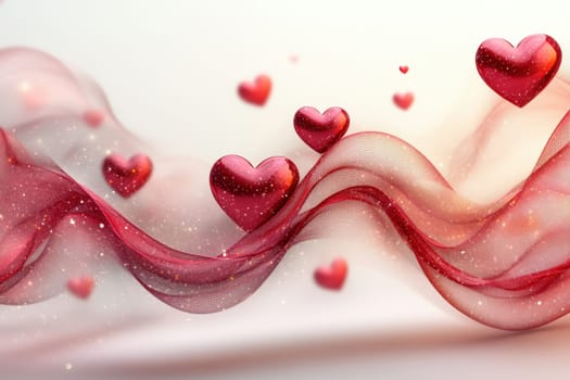 Red hearts and wavy lines on white isolated background . Valentine's Day Background.