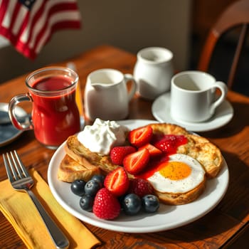 american breakfast food scrambled eggs plates table. High quality photo